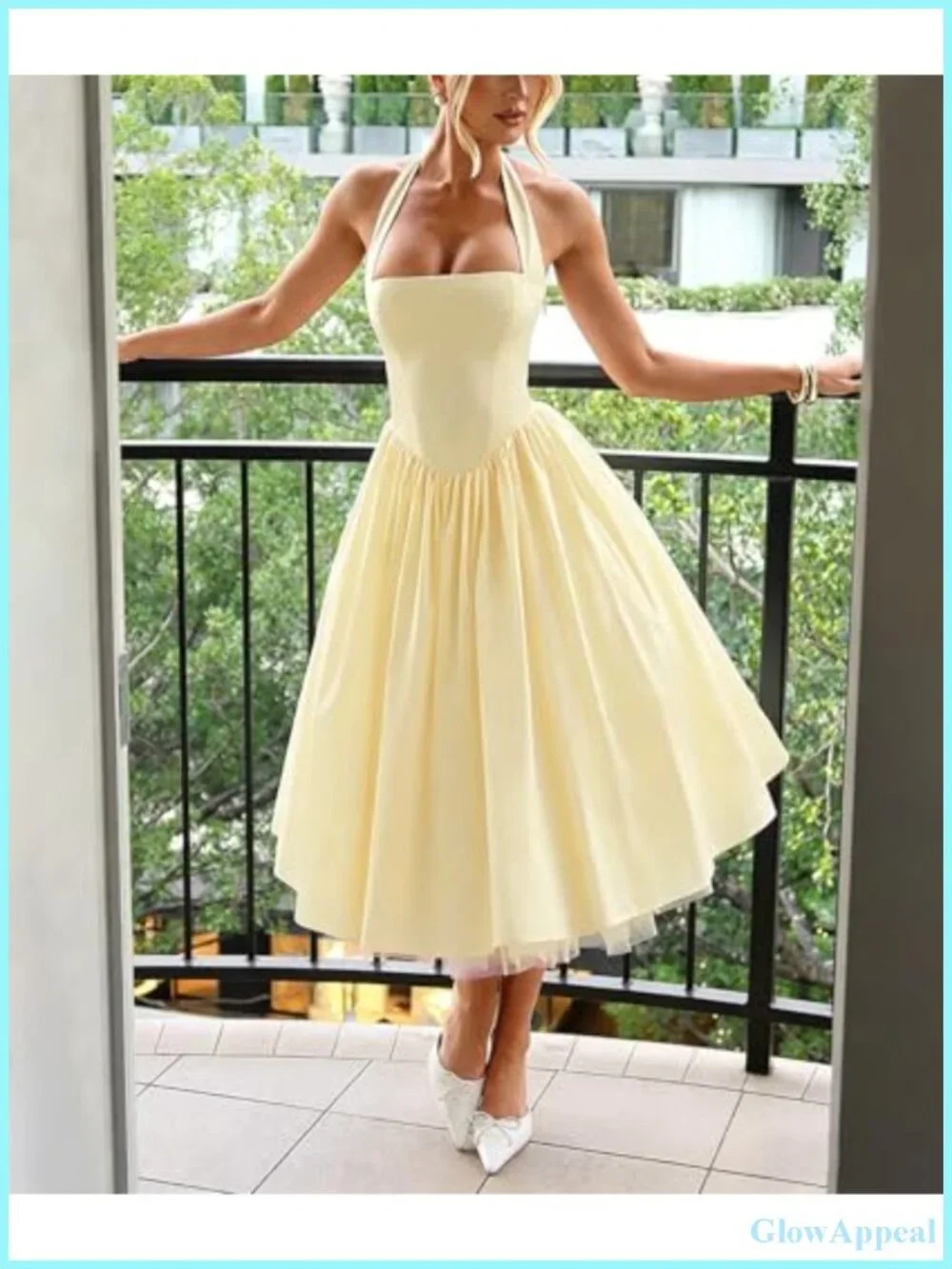 Halter Low Cut Sleeveless A Line Tulle Swing Flowy Tea Length Corset Prom